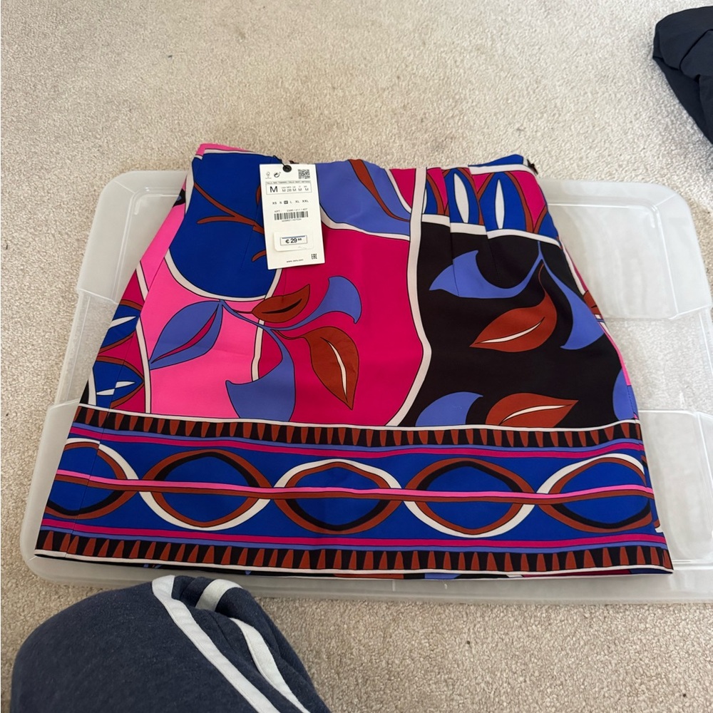 Zara Pink and Blue Patterned Mini Skirt